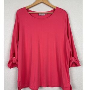 Quacker Factory 3/4 Sleeve Knit Top Women XL Extra Large Pink Pearl Cuff Comfort